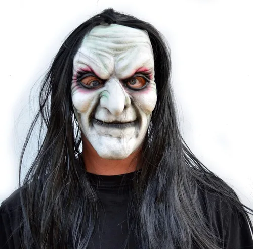 Vista 2 de Máscara de bruja de Halloween de cómic-con aterrador para cosplay máscara de disfraz antiguo con cabello