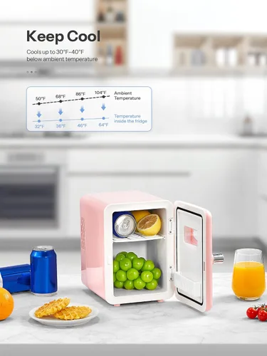Vista 3 de Reemix Mini nevera, 4L/6 latas, enfriador portátil retro para uso doméstico de 120 V y 12 V CC, refrigerador para el cuidado de la piel para Rosa