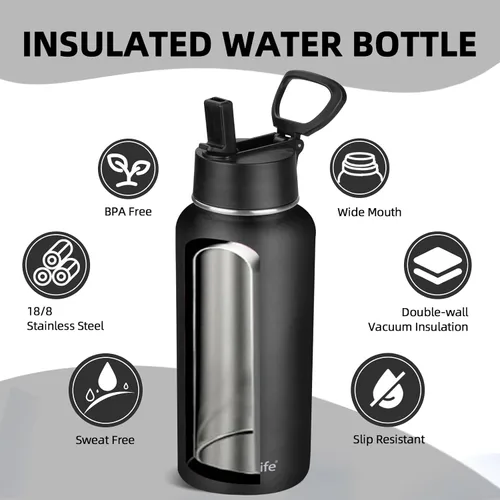 Vista 3 de Botella de agua aislada con popote, botella de agua deportiva de acero inoxidable aislada al vacío de 32 onzas, mantiene el frío y el calor, botella