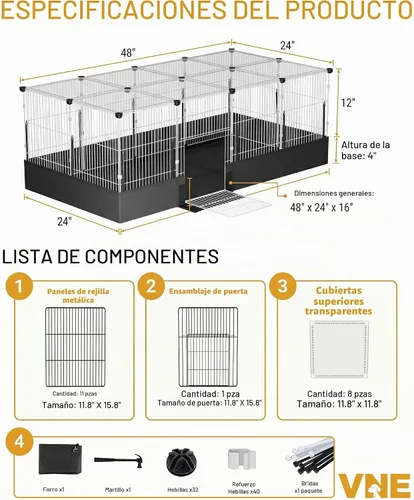 Vista 7 de Jaulas de conejillo de indias con forro impermeable, jaula cerrada para conejo de 48 x 24 x 16 pulgadas, ampliable para animales pequeños BL 20