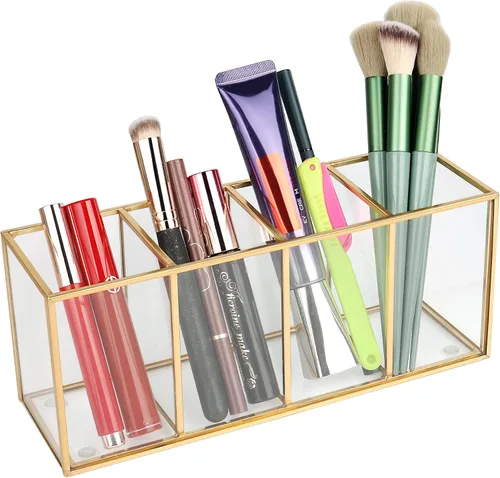 Vista 8 de ELEGANTLIFE Organizador de brochas de maquillaje de vidrio transparente, lujoso soporte de almacenamiento de cepillos de cosméticos de vidrio Negro