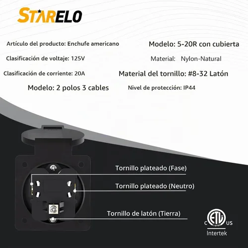 Vista 2 de STARELO Receptáculo de 20 amperios para generador NEMA 5-20R con cubierta, 125 voltios, 2 polos, 3 cables, resistente a la intemperie, al polvo y a