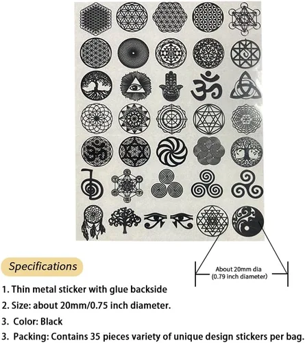 Vista 2 de 35 unids/lote Flor de la Vida Metal Pegatina Geometría Orgone Pirámide Pegatina Autoadhesiva Calcomanías Negras