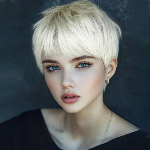 Vista 10 de Creamily Peluca corta rubia de corte Pixie con flequillo para mujer, pelucas sintéticas en capas onduladas con raíces oscuras para mujer, peluca