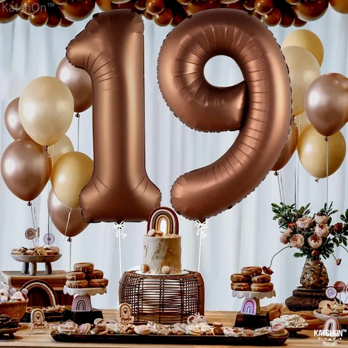 Vista 3 de Katchon Globos gigantes de papel de aluminio con el número 19 de color marrón de 40 pulgadas Decoraciones de cumpleaños 19