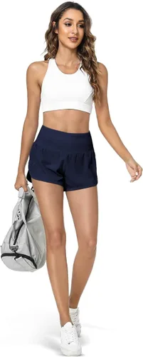 Vista 5 de GYM RAINBOW Pantalones cortos deportivos de cintura alta para mujer, ligeros, de secado rápido, para entrenamiento, gimnasio, correr, con bolsillos