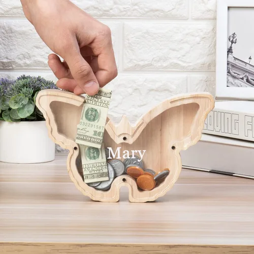 Vista 5 de Alcancía de madera personalizada con diseño de dinosaurio grabado con nombre grabado, caja de dinero para Navidad, cumpleaños, regalo divertido