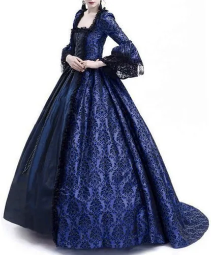 Vista 4 de CZHJS Vestido medieval para mujer, vestido victoriano de encaje de manga larga, vestido retro gótico delgado, vestido de túnica renacentista hasta