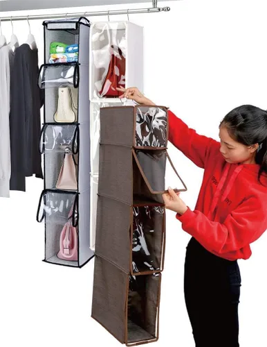 Vista 2 de Organizador de bolso de 4 niveles con funda a prueba de polvo, armario plegable para colgar, estantes de almacenamiento, sistema de almacenamiento