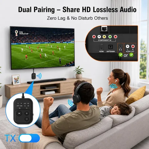 Vista 5 de Receptor transmisor de audio Bluetooth 6.0 Pro 2026 Adaptador Bluetooth para TV/avión/gimnasio/coche/estéreo para el hogar a auriculares