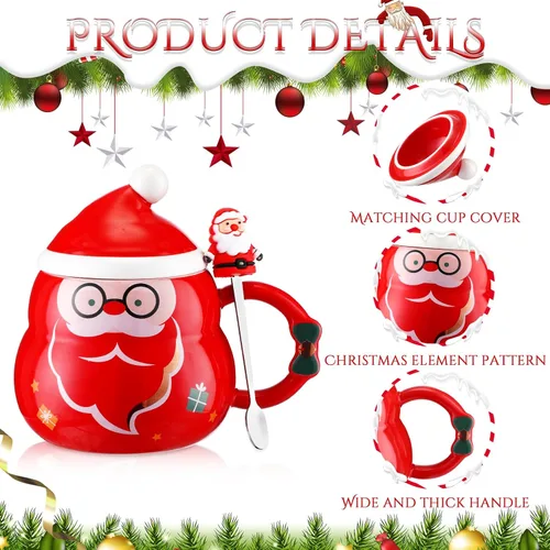 Vista 3 de Yaomiao 4 Tazas de Navidad con Tapa de Gorro de Santa y Cuchara 16 oz Taza de Café de Cerámica Linda de Navidad Árbol Festivo Campana Santa Muñeco