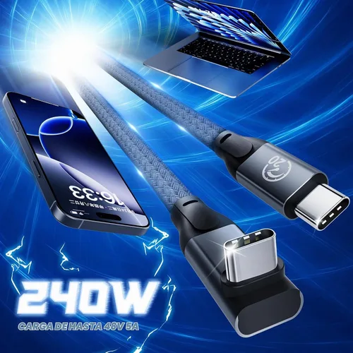 Vista 2 de Cable USB C de 90 grados de 1 pie, cable de datos corto USBC a USBC 3.2 Gris