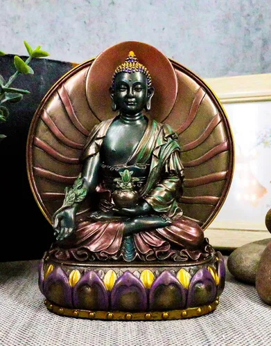 Vista 2 de Ebros Gift Budismo Bhaisajyaguru Medicina Buda meditando en Padma Lotus Trono Estatua de 6 pulgadas de alto Escultura Bodhisattva Rey de Lapislázuli
