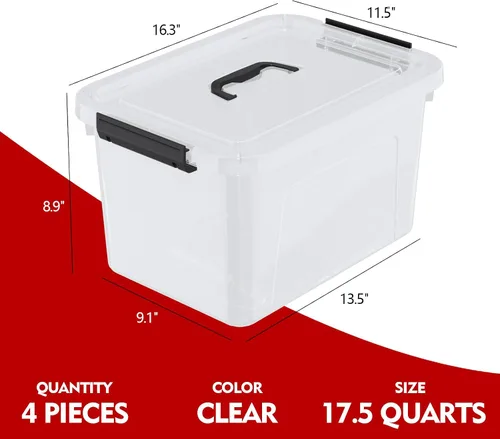 Vista 2 de Caja/contenedores de almacenamiento transparentes de 17.5 cuartos de galón, paquete de 4 recipientes de plástico con asa y tapa