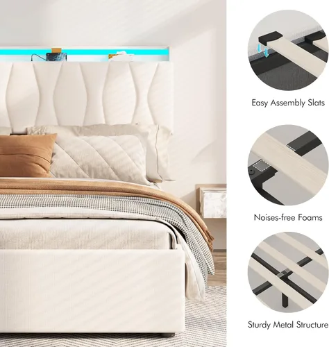 Vista 5 de Fameill - Base de cama tamaño matrimonial con plataforma de almacenamiento abatible, cabecero con altura ajustable y estación de carga, cama