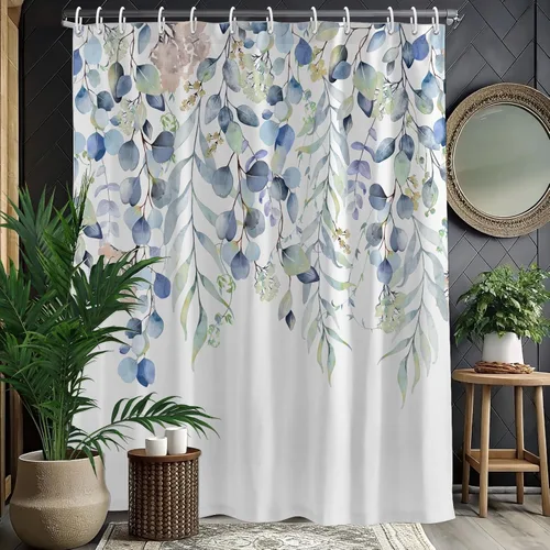 Vista 12 de KAIRA Cortina de ducha de eucalipto negro con diseño clásico y moderno, hojas de plantas de acuarela con diseño floral, decoración de baño, 72 x 72