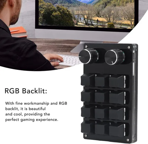 Vista 4 de Diyeeni Teclado mecánico macro de 12 teclas, teclado programable con 2 perillas, teclado portátil totalmente programable con una mano, teclado