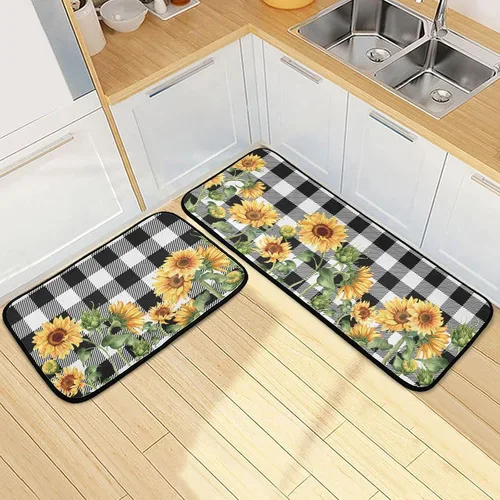 Vista 16 de Juego de 2 tapetes de cocina con rosas rojas, color rojo rosa, suave, antifatiga, juego de tapetes de cocina color negro con flores antideslizantes