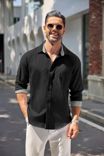 Vista 3 de COOFANDY Camisa de lino con botones para hombre, de manga larga, informal, para playa, con bolsillo