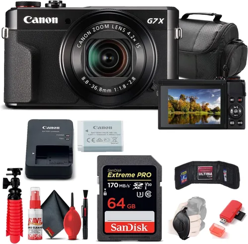 Vista 2 de Canon PowerShot G7 X Mark II cámara digital (1066C001) + tarjeta de memoria de 64 GB + lector de tarjetas + bolsa suave deluxe + trípode flexible +