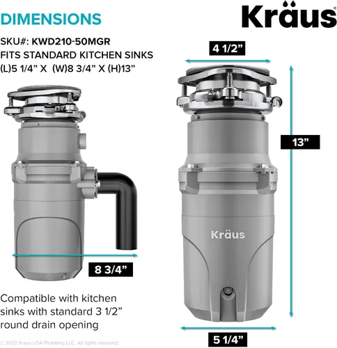 Vista 6 de KRAUS® WasteGuard™ - Triturador de basura de alimentación continua de 1/2 HP con motor ultrasilencioso de alta velocidad, cable de alimentación