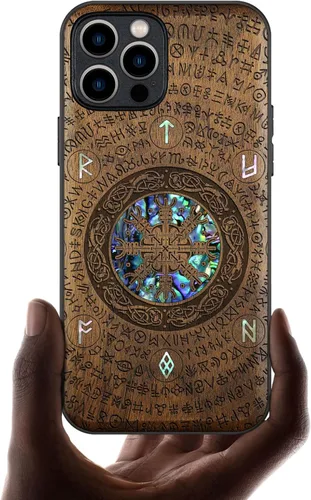 Vista 7 de Carveit Funda protectora de madera de diseñador para iPhone 12 Pro, cubierta magnética, grabado en madera e incrustaciones de concha, funda