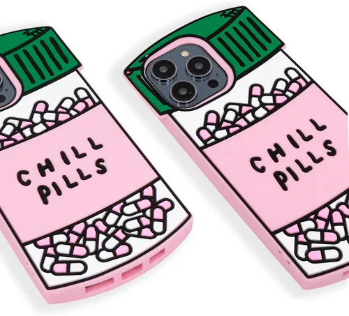 Vista 6 de Dumkery Funda para iPhone 13 Pro Max con pastillas para enfriar, iPhone 14 Pro Max, botella de cápsula para iPhone 15 Pro Max 3D de dibujos animados