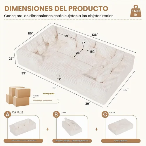 Vista 2 de Luxanimarion Sofá cama modular grande de 136 pulgadas con diván, sofá cama sin hueso en forma de U con otomana, no requiere montaje, asiento Beige
