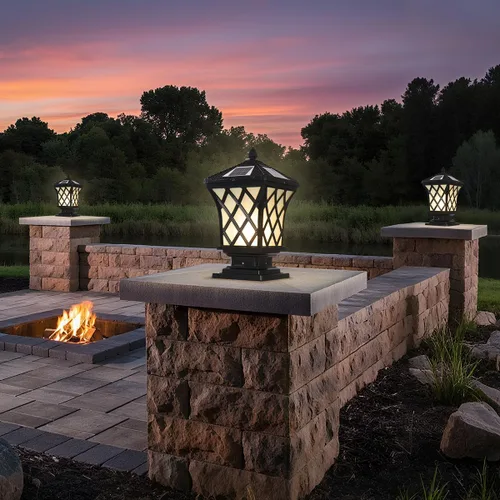 Vista 3 de Lámpara LED solar para poste con tapa de poste, luces de pilar regulables para exteriores, IP65, impermeable, luz de poste negra, luz de columna