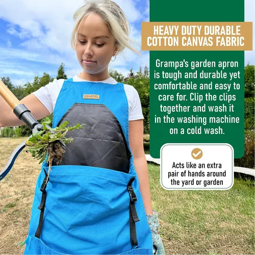 Vista 2 de Grampa's Garden - Delantal de jardinería con espalda cruzada con bolsillos para mujeres y hombres Delantal de cosecha con bolsa de canguro grande
