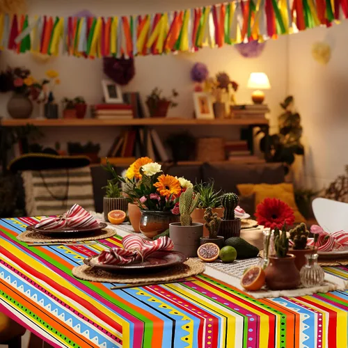 Vista 7 de Kochorie Mantel de plástico para fiesta mexicana, 2 piezas, mantel rectangular desechable para fiesta de cumpleaños temática mexicana, suministros