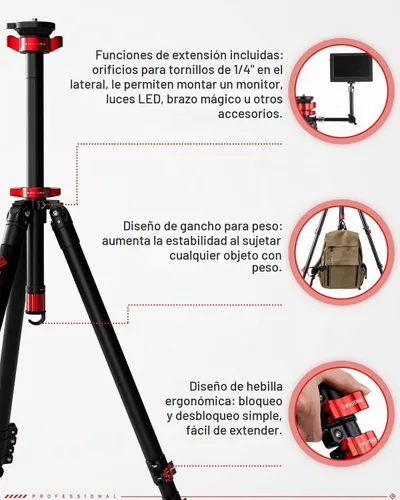 Vista 5 de IFOOTAGE Trípode para cámara TA6S, trípode de video de aluminio de 65 pulgadas, trípode profesional para cámara, 3 secciones con poste central