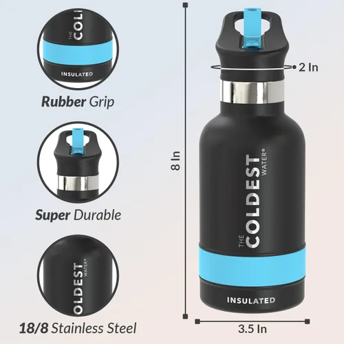 Vista 3 de Coldest - Botella para agua con tapa que incluye pajilla, térmica y metálica (acero inoxidable), para hombres y mujeres, color negro