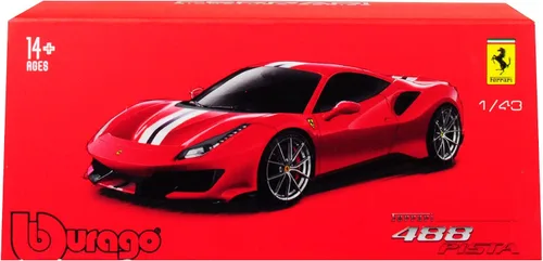Vista 2 de Ferrari 488 Pista Red con Rayas Blancas y Azules Ferrari Signature Series 1/43 Modelo de Coche Fundido a Presión por Bburago 36910