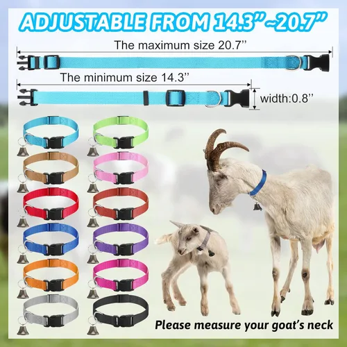 Vista 2 de 12 juegos de collares de cabra con campanas, caballo, oveja, pastoreo, campanas de vaca, collar ajustable de nailon para perro con hebilla