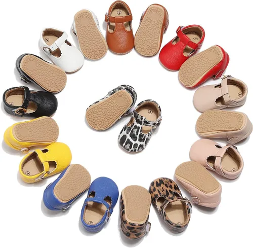 Vista 5 de HONGTEYA Zapatos planos Mary Jane para bebés y niñas, antideslizantes, para los primeros pasos, suela suave, piel sintética, zapatos de cuna