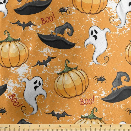 Vista 148 de Ambesonne The Yard, tela de calavera colorida con temática de Halloween, diseño de calavera y huesos cruzados, divertido estampado de dibujos