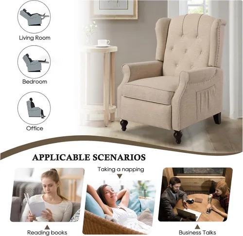 Vista 5 de Silla reclinable PALLOME con respaldo alto, asiento con masaje y calor, tapizado de tela, con respaldo acolchado, silla reclinable para sala de Beige