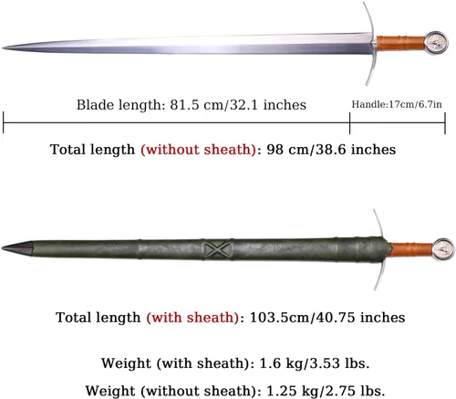 Vista 2 de Espada medieval occidental del Rey Arturo de 49"/41.5" con funda de cuero afilada, espada de doble mano larga de acero de carbono real, espada