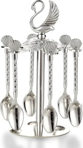 Vista 9 de Soporte decorativo de base de cisne con 6 cucharas, cucharas de té de lujo, postre de café, cucharaditas, cuchara de mermelada para frutas, agitar