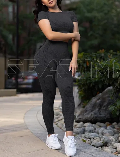 Vista 3 de SEASUM Conjuntos de entrenamiento para mujer, cintura alta, sin costuras, lindos leggings de yoga, conjuntos de entrenamiento para mujer, ropa