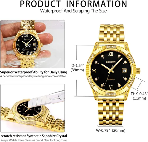 Vista 7 de BINLUN Reloj de pulsera para hombre, mecánico automático, reloj dorado con cuerda automática, elegante, chapado en oro de 18 quilates, relojes