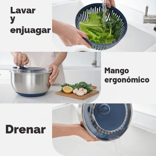 Vista 3 de Molinillo de ensalada de acero inoxidable, 5.3 cuartos de galón con base antideslizante, botón de drenaje y parada, lavadora y secadora de frutas