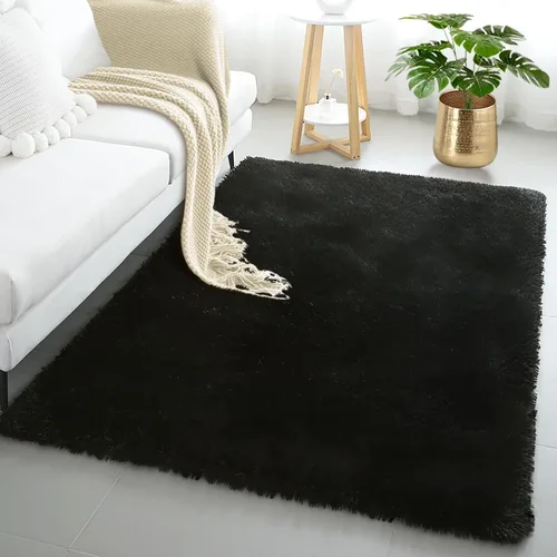 Vista 73 de KICHOWUA - Tapete grueso y esponjoso de 3 x 5 pies, color negro, ultrasuave, lavable, antideslizante, acogedor y peludo, para sala, dormitorio