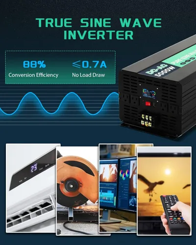 Vista 3 de 5000W 48V Inversor de Potencia de Onda Senoidal Pura 48V CC a 110V CA con Control Remoto Inalámbrico Pantalla LCD 4 Tomas de CA, 1 USB y Bloques