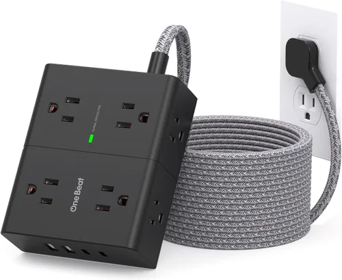 Vista 12 de One Beat Regleta protectora de sobretensiones, cable de extensión plano ultrafino de 6 pies con 8 tomas, 4 puertos USB (2 USB C), regleta