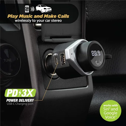 Vista 3 de Scosche Transmisor de radio FM Bluetooth para automóvil, kit manos libres con puertos de carga USB duales, cargador de coche USB A de 12 W + 20 W