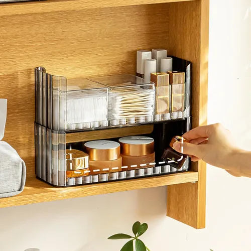 Vista 6 de Organizador de estantes de 2 niveles para botiquín, compartimentos para almacenamiento de maquillaje, bandejas de estante para pared de gabinete