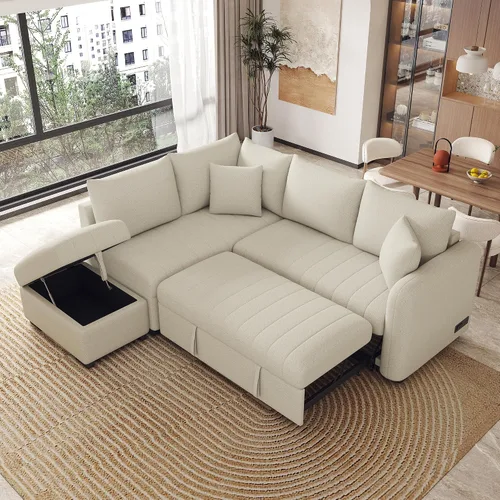 Vista 16 de Sofá cama modular de 104 pulgadas con diván de almacenamiento y taburetes para sala de estar, moderno sofá cama extraíble de 3 asientos