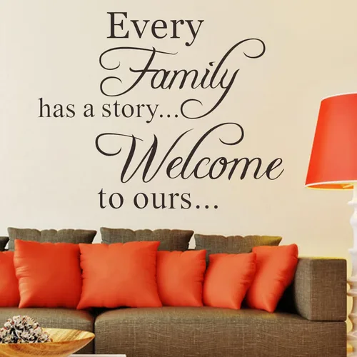 Vista 6 de Vinilo decorativo para pared con texto en inglés «Every Family Has a Story» con frase «Welcome to ours»